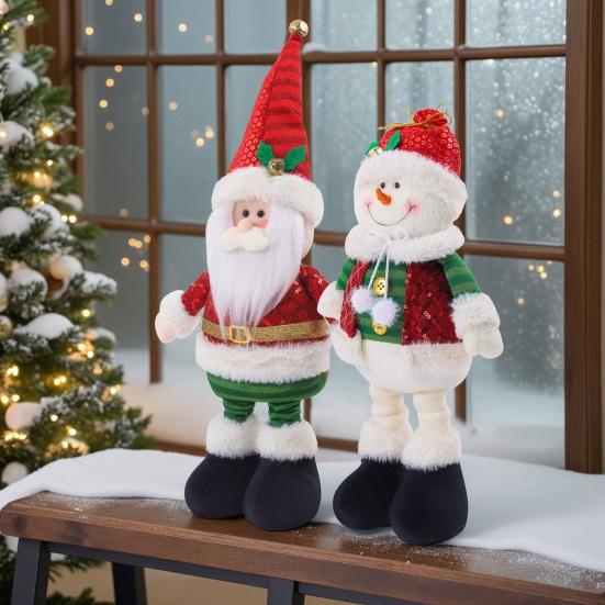 Christmas Plush Doll with Retractable Legs Handmade Standing Snowman Santa Claus Plush Toy Xmas Winter Holiday Party Decoration Ornament