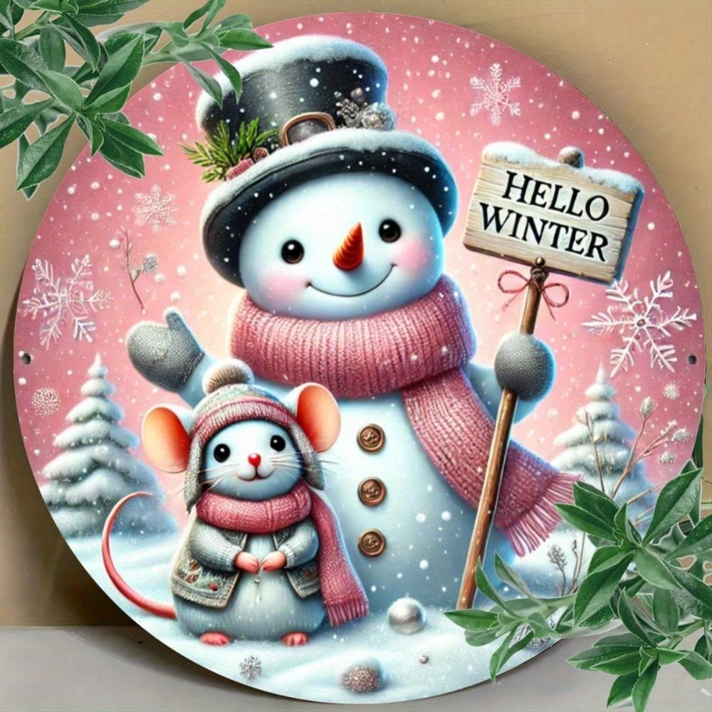 1pc Vintage Round Metal Tin Sign Pink Snowman Mouse Wreath Wall Decor Home Kitchen Indoor Outdoor Welcome Winter