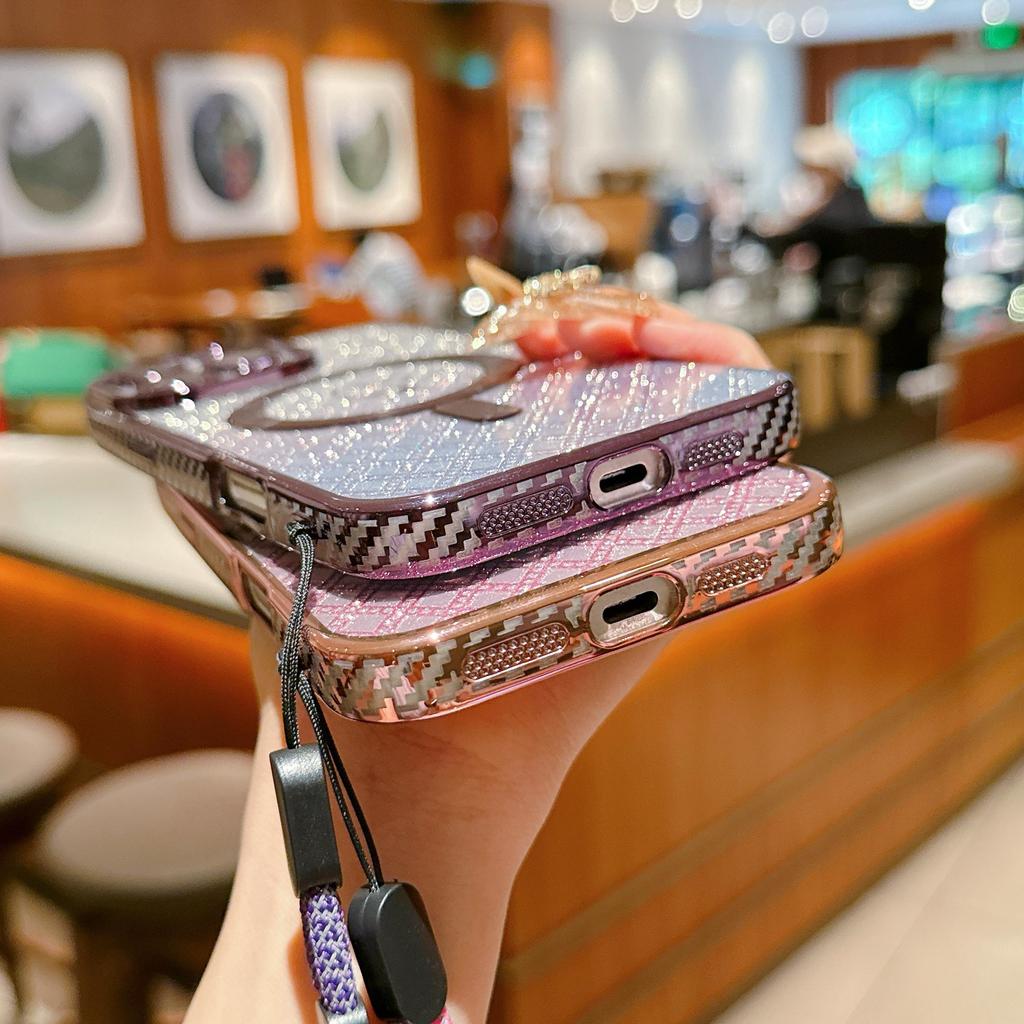 Lanyard Magnetic Gradient Color Glitter Bling Camera Lens Protect Bumper Phone Case For iPhone 17 Air 16 15 Pro Max Samsung S25 S24 Protective Cover