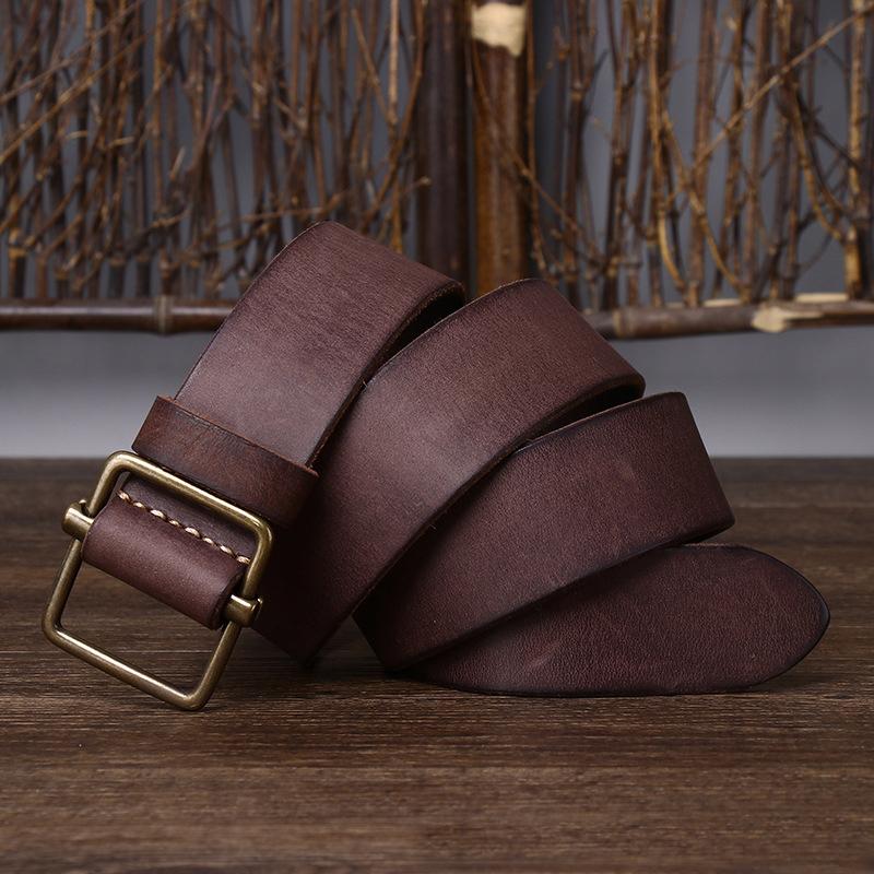 

3.8CM No Hole Men s Belt Thick Genuine Leather Strap Copper Buckle Cowhide Casual Jeans Belt High Quality Retro Luxury Male Belt 125cm кавовий