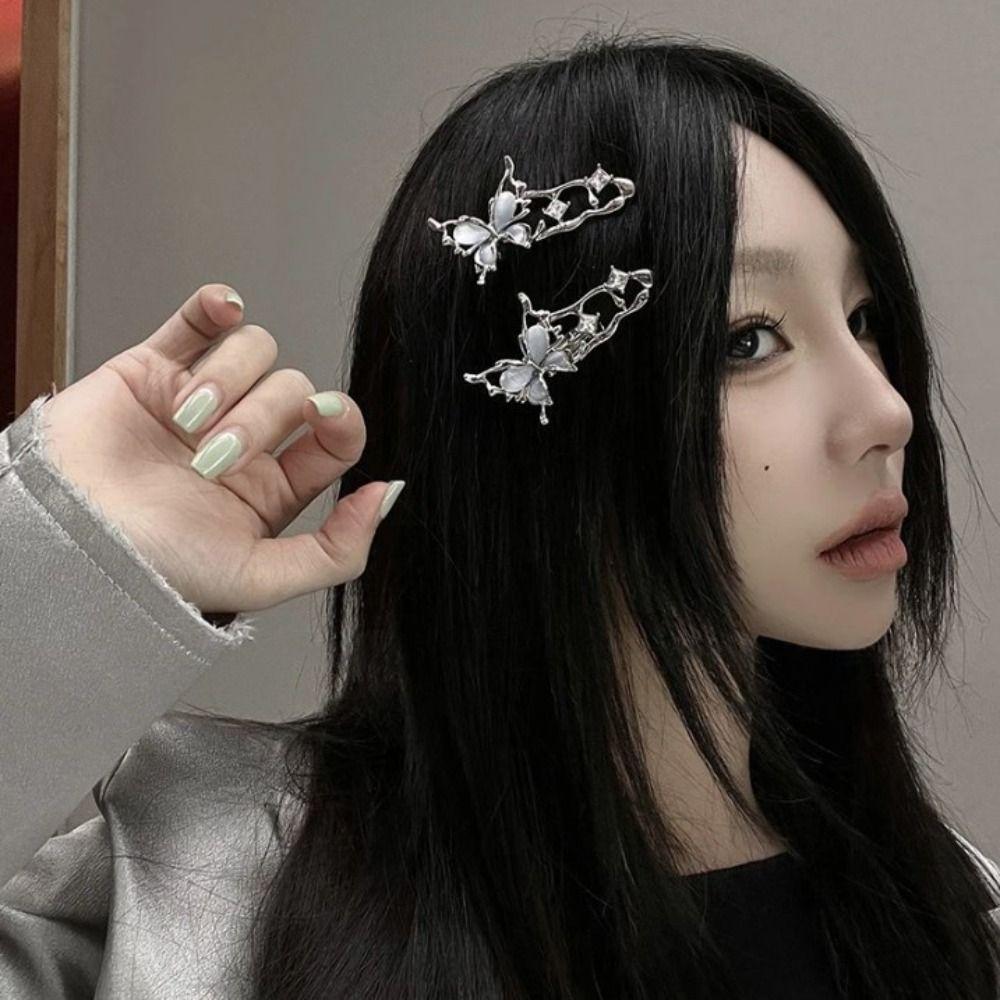 Irregular Harajuku Hair Clips Butterfly Zircon Silver Bang Clip INS Y2K Liquid Metal Hairpin  Girl