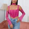 Europe and the United States Popular Women's Clothing Mesh Long-sleeved Fishbone Square Collar Perspective Backless Neck T-shirt, Top Women