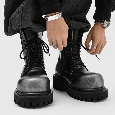 High-Top Thick-Soled Men's Boots Inner Height Increasing Workwear Leather Boots Designer Motorcycle Trendy Handmade Men's Boots