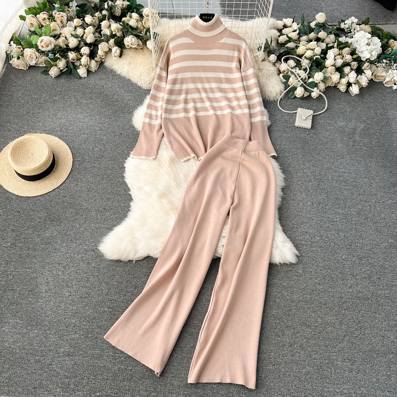 

Idle Style Winter Clothing Matching Stripes Knitting Turtleneck Tops Khaki All yards