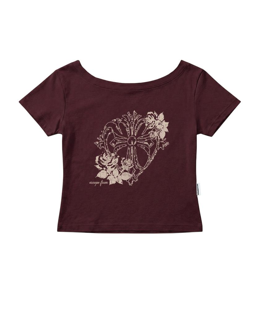 ESCAPEFROM Rose Cross Print Boat Neck Slim Fit Short Sleeve T-Shirt [7 Colors]
