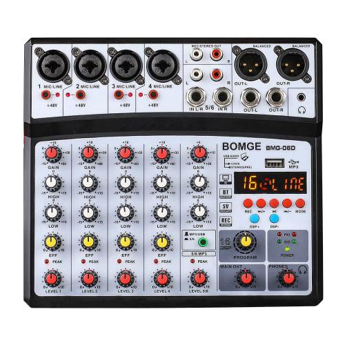 BOMGE 6-Channel DJ Audio Mixer with MP3, USB, Bluetooth, 48V Phantom Power, 5V Power Supply, and 16 DSP Echo Effects for Live Performances, Music, Kar