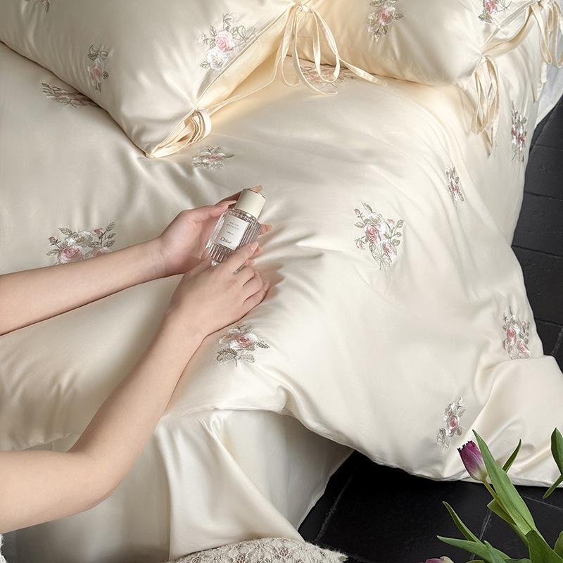 100S long-staple cotton satin bed four-piece set, cotton French girl heart embroidery pure cotton bed sheet quilt set three-piece set