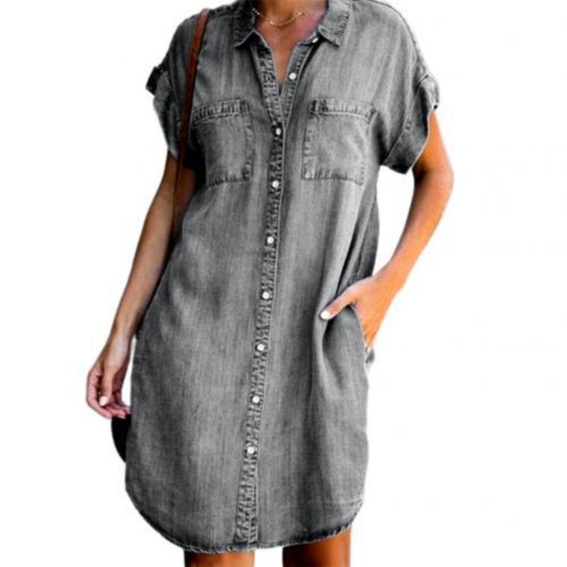 Women's Slim Fit Denim Shirt Dress - Short Sleeve Button-Down Midi Dress with Pockets, Casual Stretchy Jean Dress for Summer, Spring