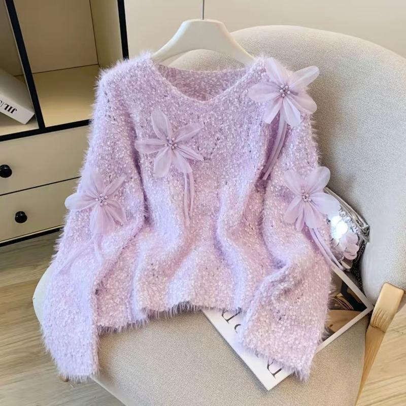 

Женские 3D свитера с цветами однотонные в корейском стиле милые женственные ажурные вязаные свитера осенние универсальные модные женские пуловеры топ Onesize фиолетовый