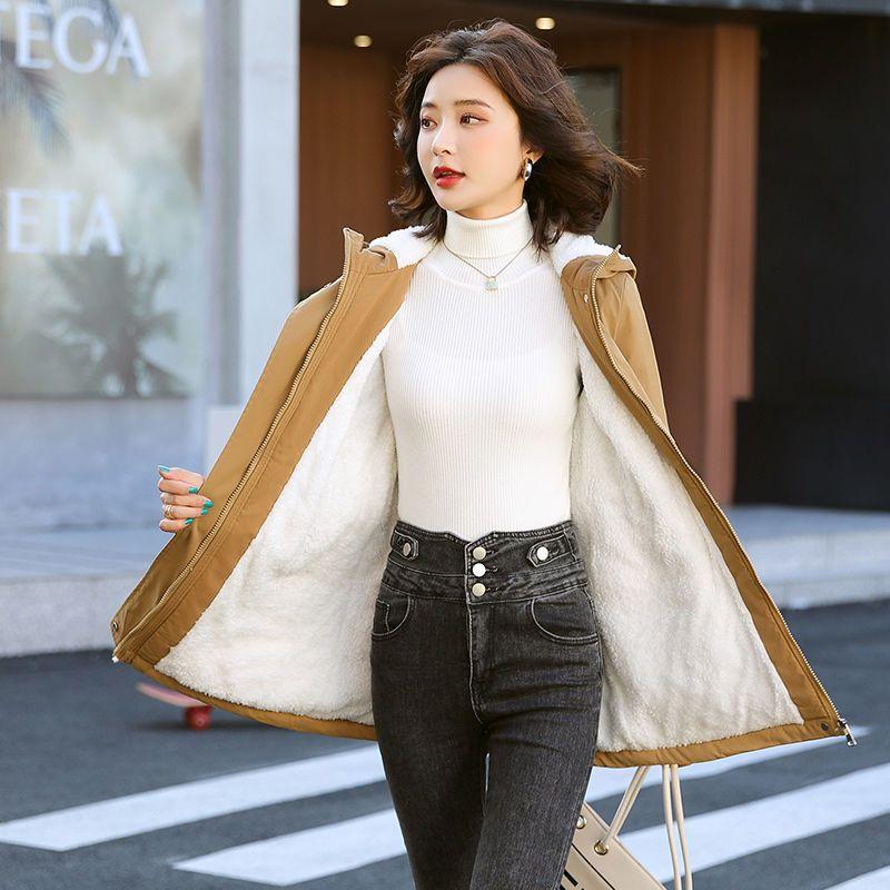 Women Casual Parkas Jacket Cotton Warm Puffer CoatLamb Fleece Windbreaker Women's Mid-length Hooded Trench Outwear