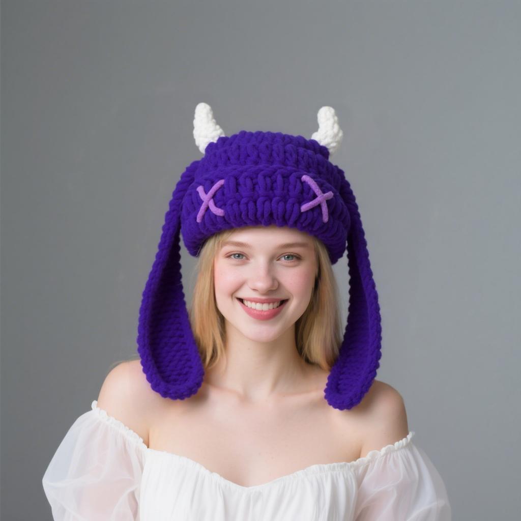 Japanese Popular Funny Devil Corner Crochet Knitted Beanie Hat Handmade Cute Long Ear Warm Cover Warm Wool Hat Spot