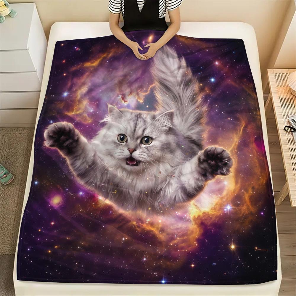 1Pc Galaxy Cat Dog Print Flannel Blanket High Quality Warm Comfortable Cover for All Seasons Perfect for Gifts Home Decor