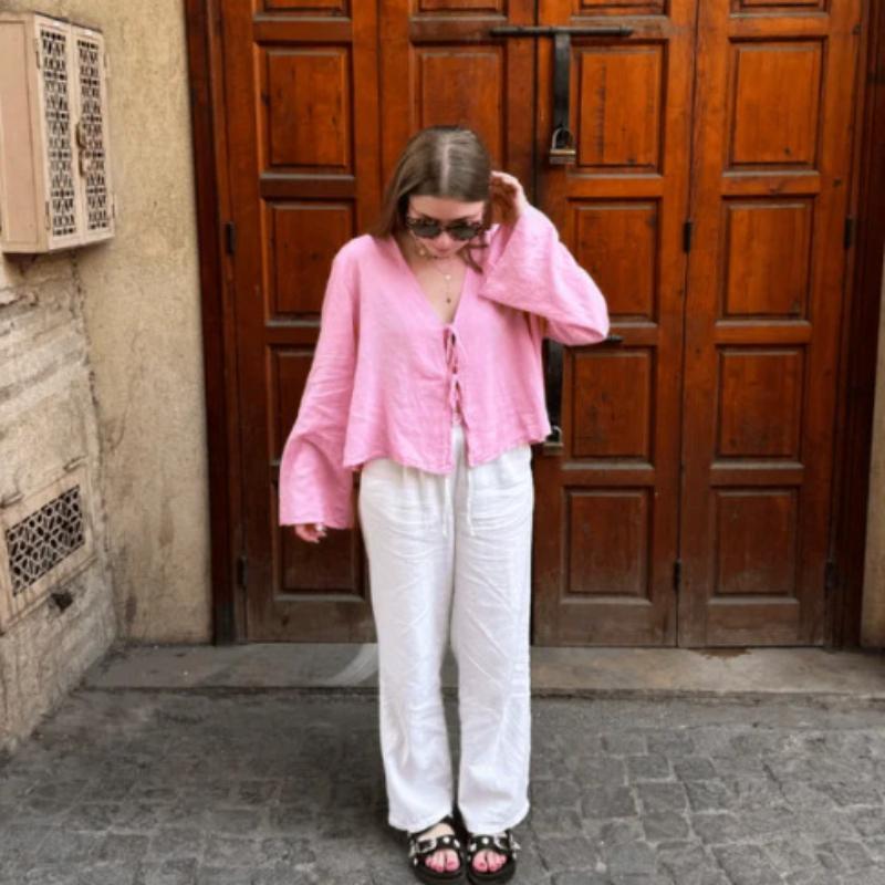 

Хлопковые и льняные рубашки с бантом на шнуровке, женские свободные топы с v-образным вырезом и длинными рукавами, женские весенние новинки 2024 года, женский уличный топ L розовый