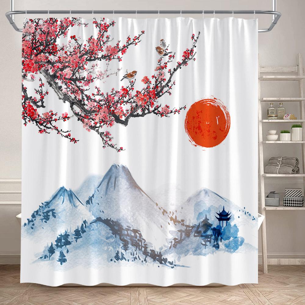 Japanese Style Floral Shower Curtain Pink Cherry Blossom Koi Fish Sea Waves Abstract Mountain Scenery Bathroom Curtain Decor Set