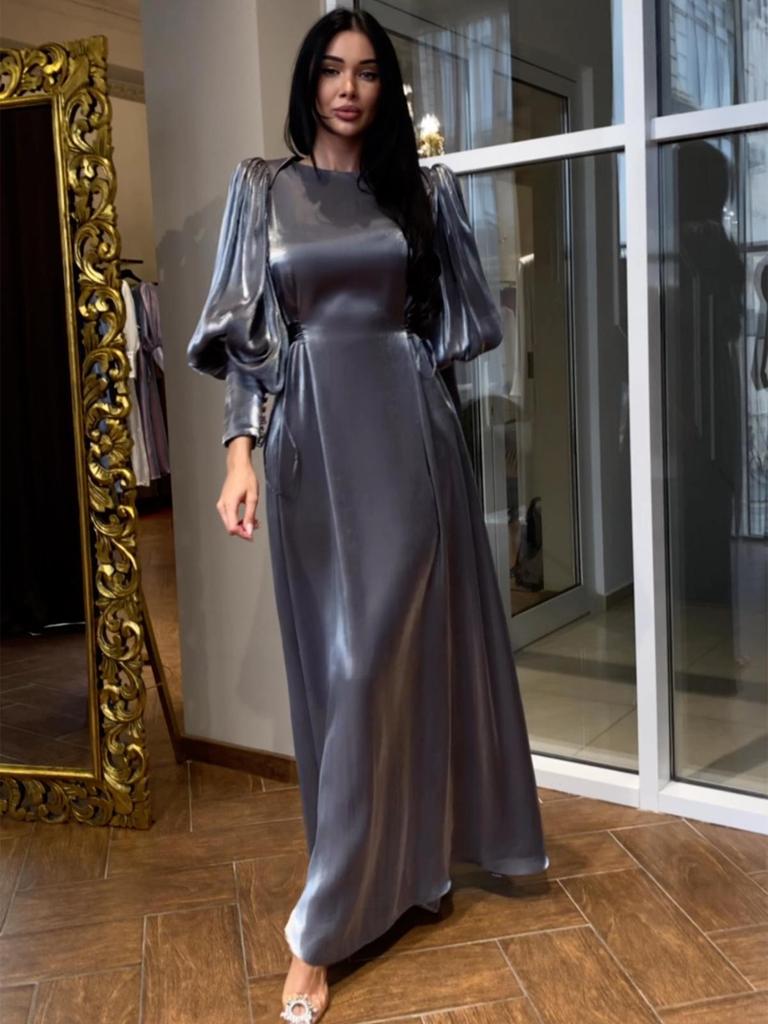 European & American Tie-Up Slim-Fit Satin Lantern Sleeve Long Skirt Dress for Women - Autumn 2024 Style