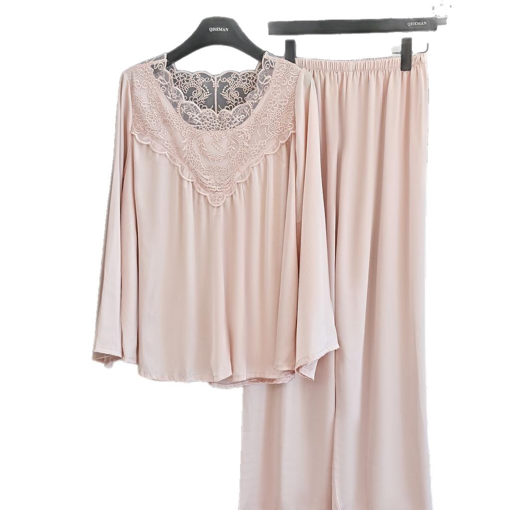 French Court Style Pajamas Women's Ice Silk Spring and Summer New Long-sleeved Trousers Loungewear Set Loose Large Size Pajamas Women