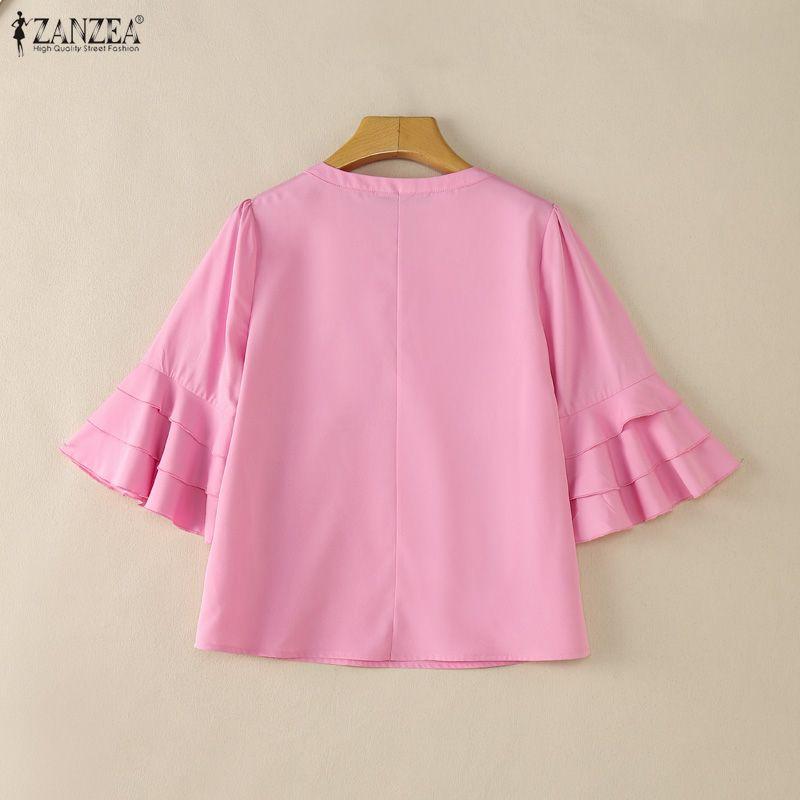 ZANZEA Women Casual V-Neck Ruffles Half Sleeve Loose Blouse
