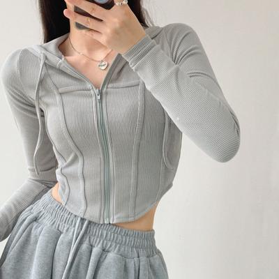 Hooded Zipper Cardigan Women Spring Retro Slim Sport Coat Comfortable Simple All-Match Short Crop Long Sleeve Top