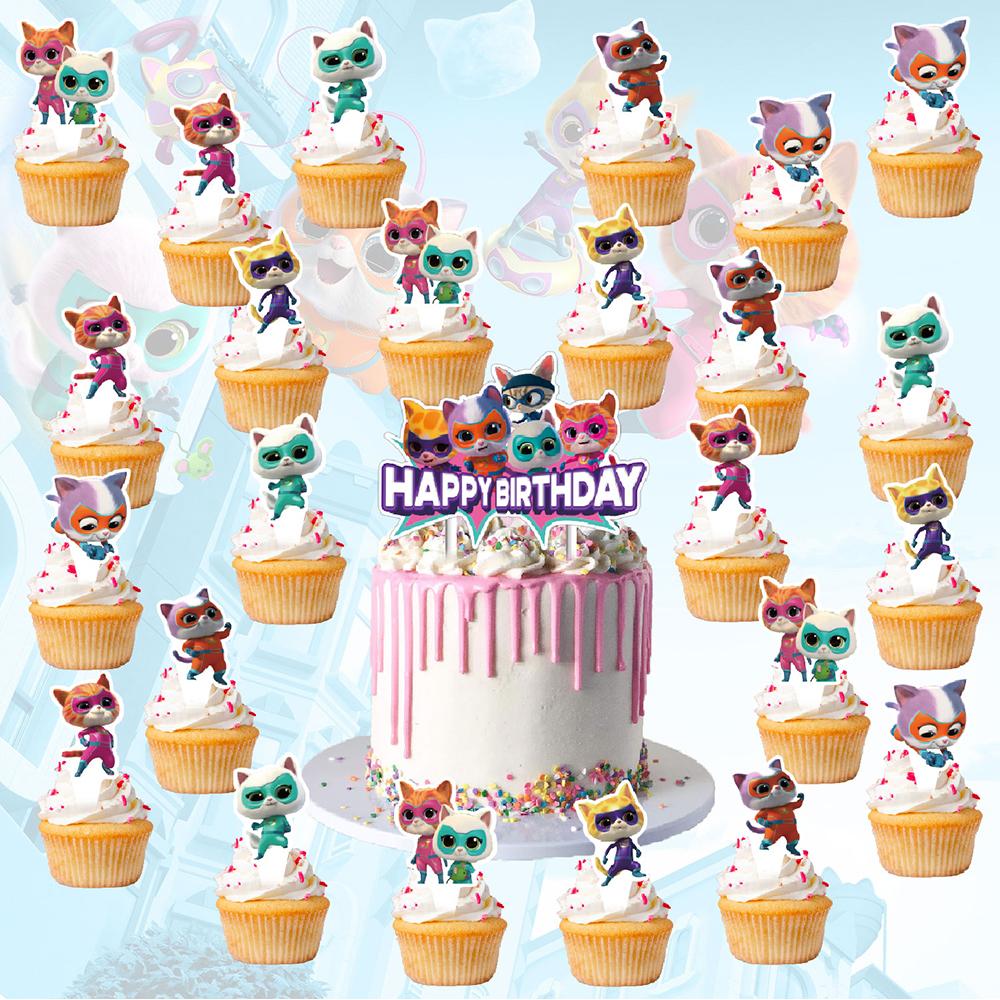 32 ks Super Kitties Party Supplies Včetně Topperů na Cupcaky, Banneru, Balónků
