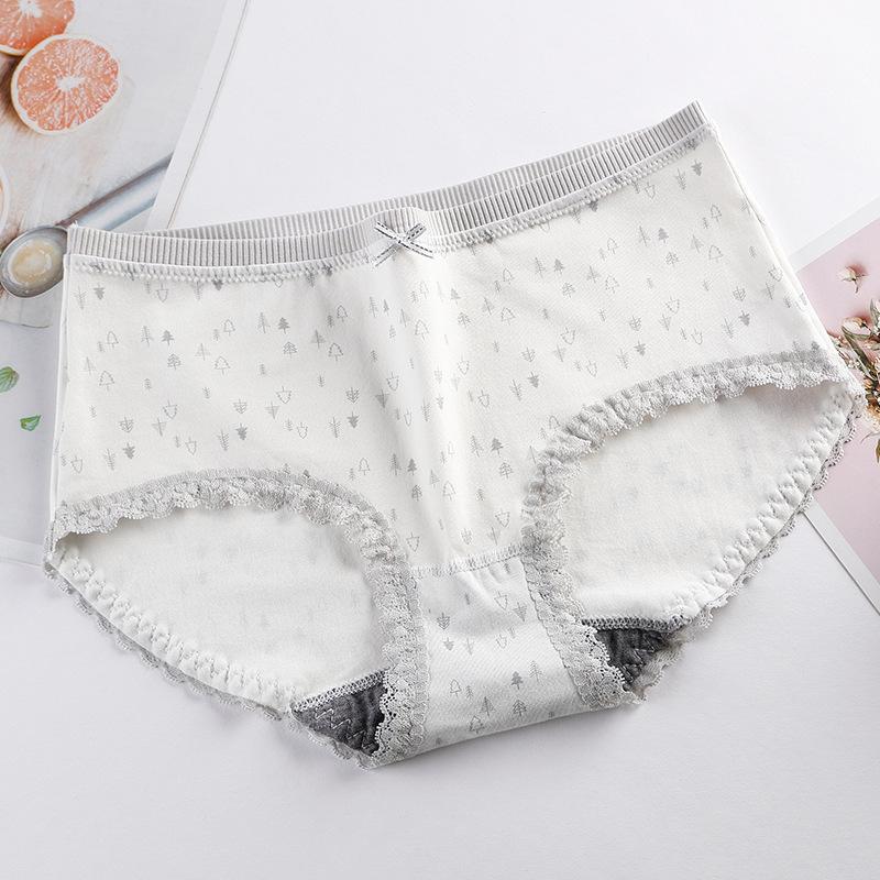 Bawełniana damska oddychająca bielizna antybakteryjna z nadrukiem Śliczna bielizna ze średnim stanem Koronkowa krawędź Bezśladowe trójkątne spodnie z czystej bawełny