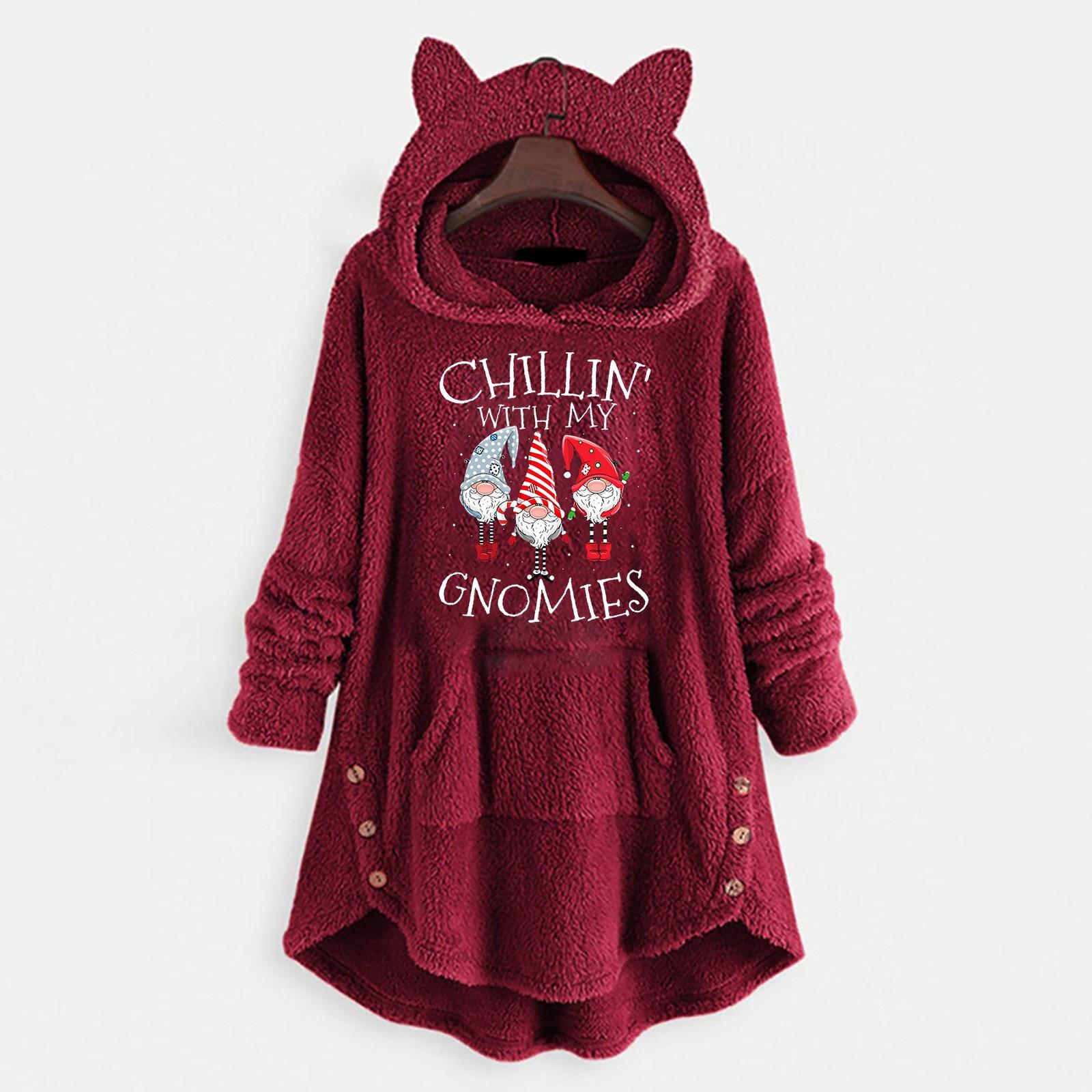 

Женская мода осенне-зимний двусторонний флисовый свитер с длинными рукавами и капюшоном с принтом XXL винный