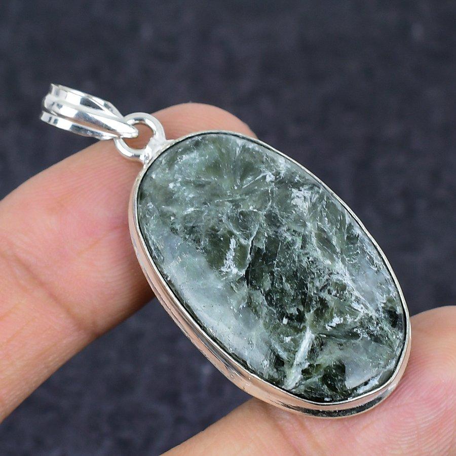 Seraphinite Gemstone Handmade 925 Sterling Silver Jewelry Pendant 2.05" w1a61