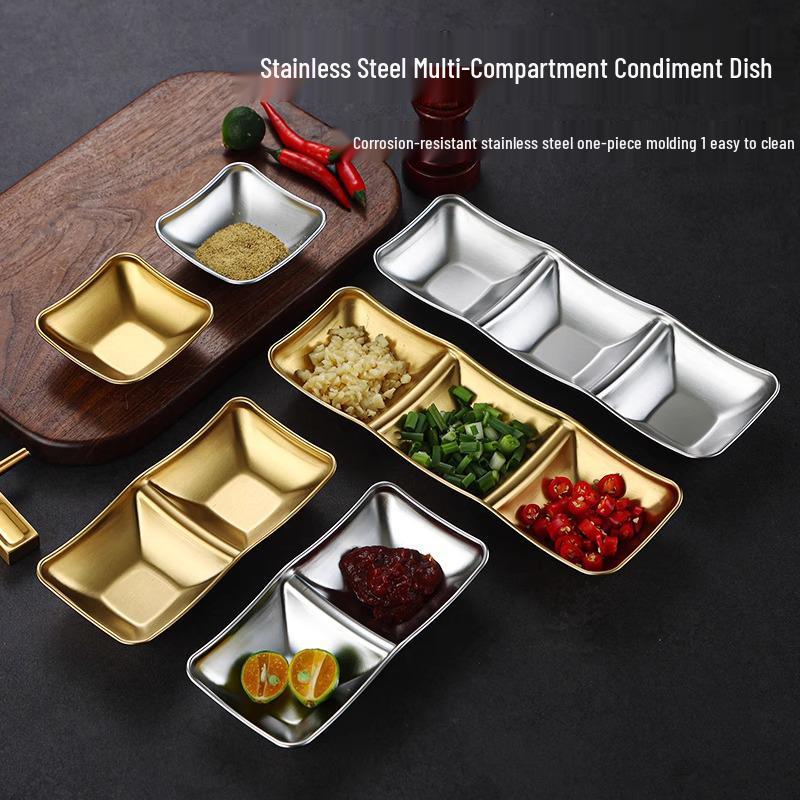 304 Stainless Steel Korean Hot Pot and Barbecue Dipping Dish - Gold, Two or Three Compartments