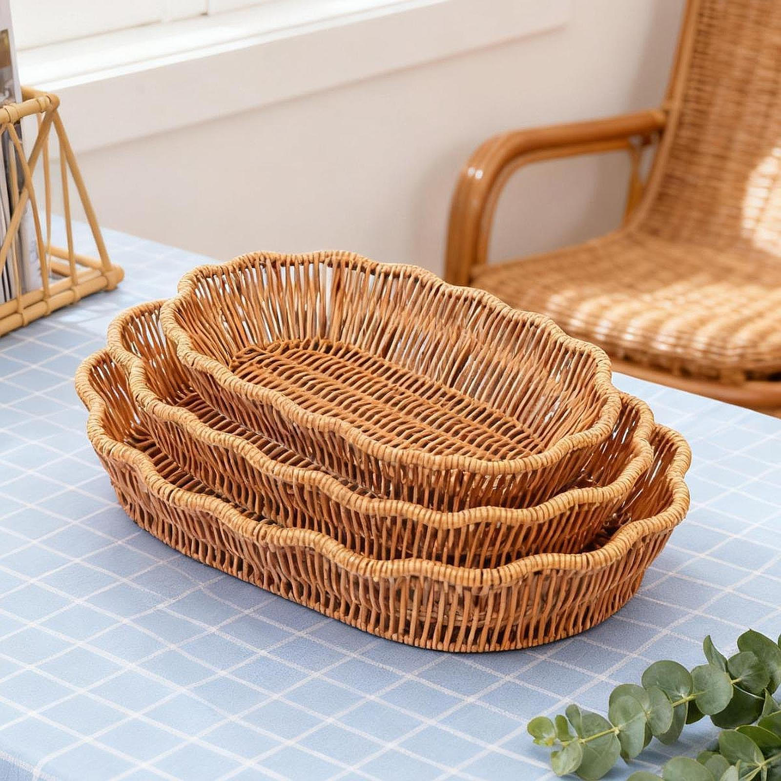 

3 Pieces Imitation Rattan Basket Snack Storage Multifuctional Bin Organizer Food Serving Holder Oval