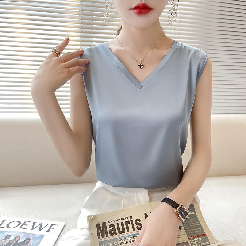 Women's Satin Wide Shoulder V-Neck Camisole Top - Summer, Loose, Sleeveless, Versatile