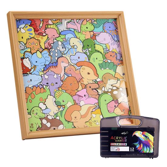 Yousheng  DIY Dinosaur Wooden Coloring Puzzle with Frame Pens 2-in-1 Coloring Irregular Jigsaw Puzzle Craft Kit 3D Puzzle Photo Frame Ornament
