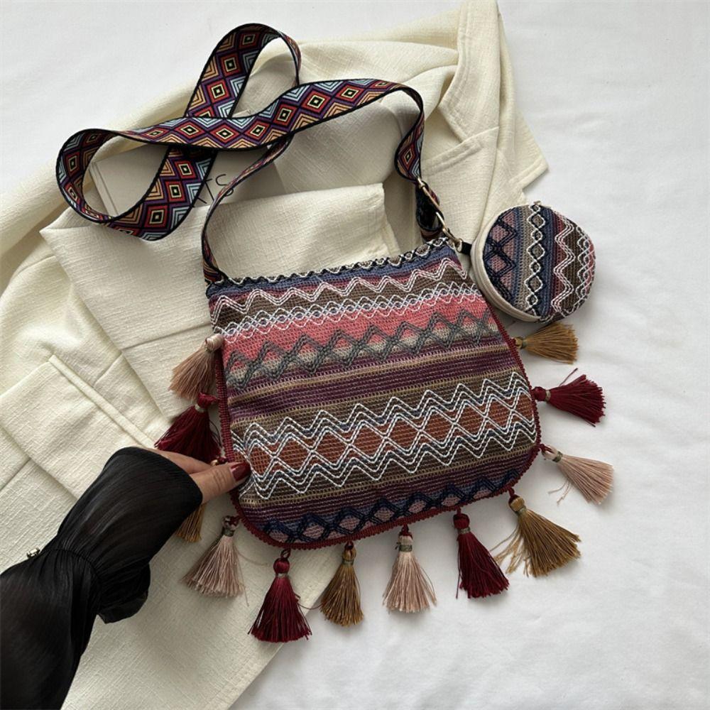 

Вместительная сумка с бахромой на плечо, плетеная сумка, сумочка с кошельком для монет, богемная сумка на плечо, для путешествий B