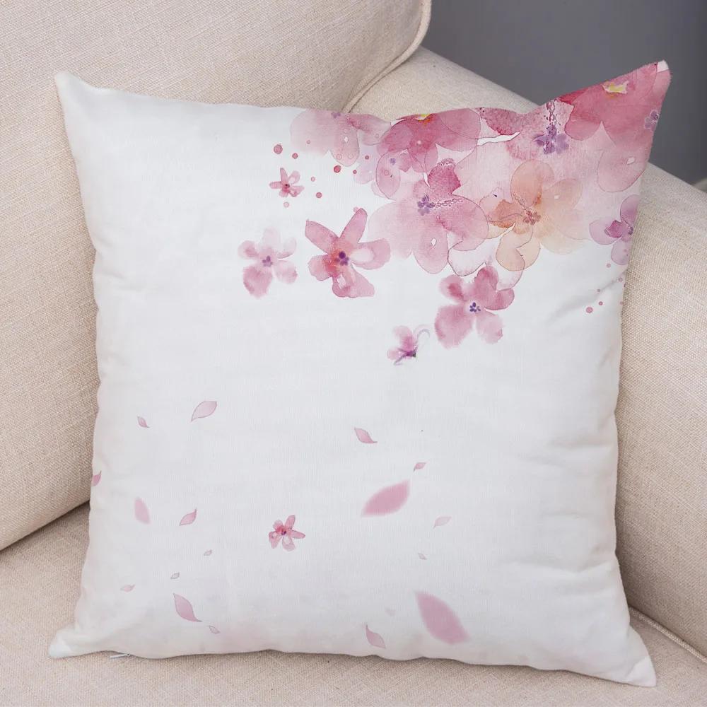 Pink Peach Blossom Cushion Cover Decor Watercolor Cartoon Plant Tree Pillow Case for Sofa Home Car Soft Plush Pillowcase 45x45cm