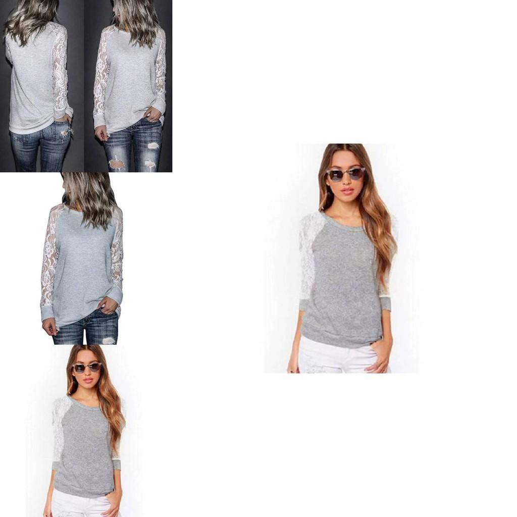Trim Lace Grey Crew Neck Fitted Tshirt Blended Fabric Hoodie Women Long Sleeve