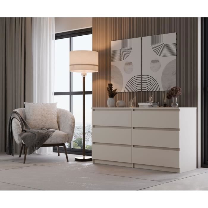 ASTER - Commode large chambre salon bureau beige - 6 tiroirs - 138x40x75cm - 6 tiroirs - Style scandinave