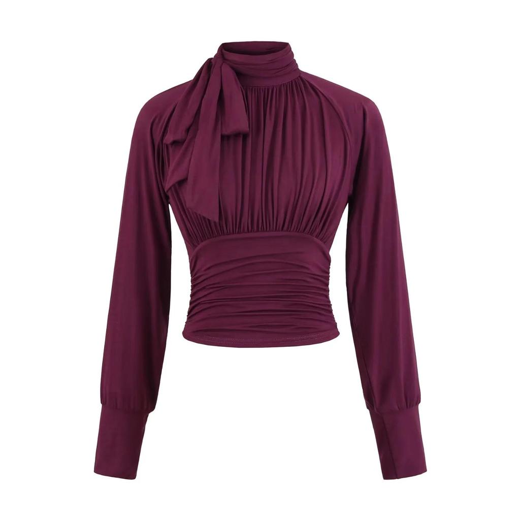 Women's French Retro Tie-Up Slim Fit Cropped Shirt - Stand Collar, Long Sleeve, High Waist (Spring/Autumn)