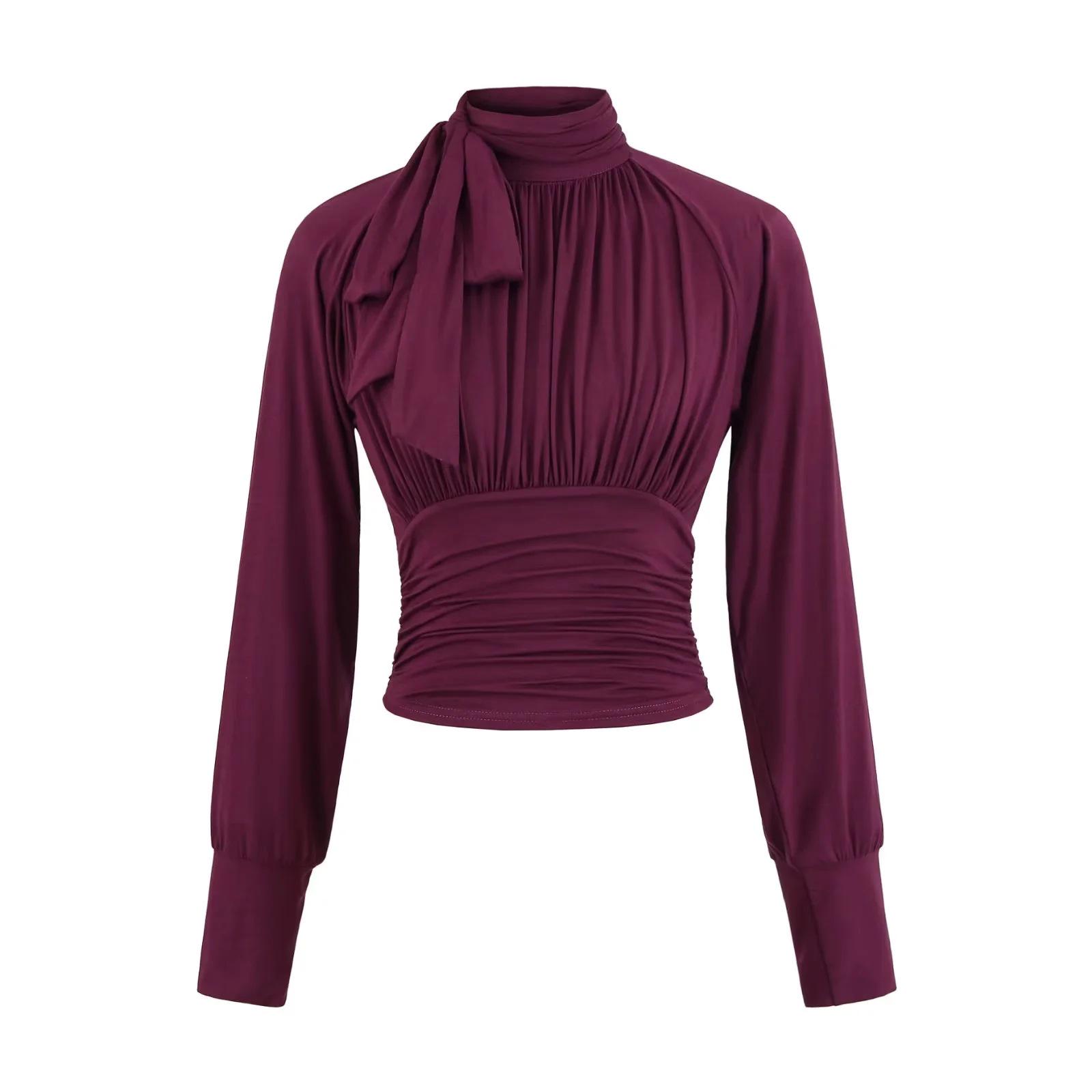 

European Spicy Girl Stand Collar Ribbon Pleated Long Sleeve Waist-Cinching Cropped Top Small