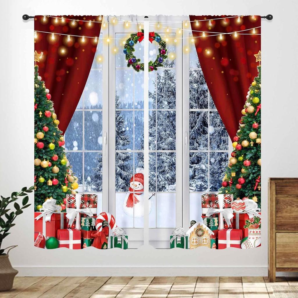 Winter Kitchen Christmas,Christmas Pine Tree Nature Forest Deer Watercolor Cabin Rustic Farmhouse Holiday Window Treatments
