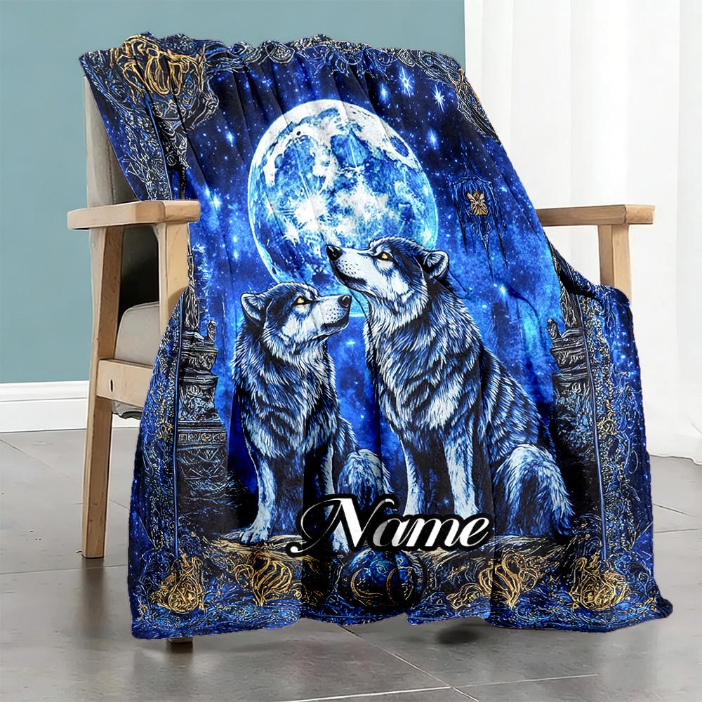 Two Wolves Moon Personalized Text Blanket Throw Personalized Blanket Warmthful Decor Great for Sofa Bed Office Chair for All Occasions