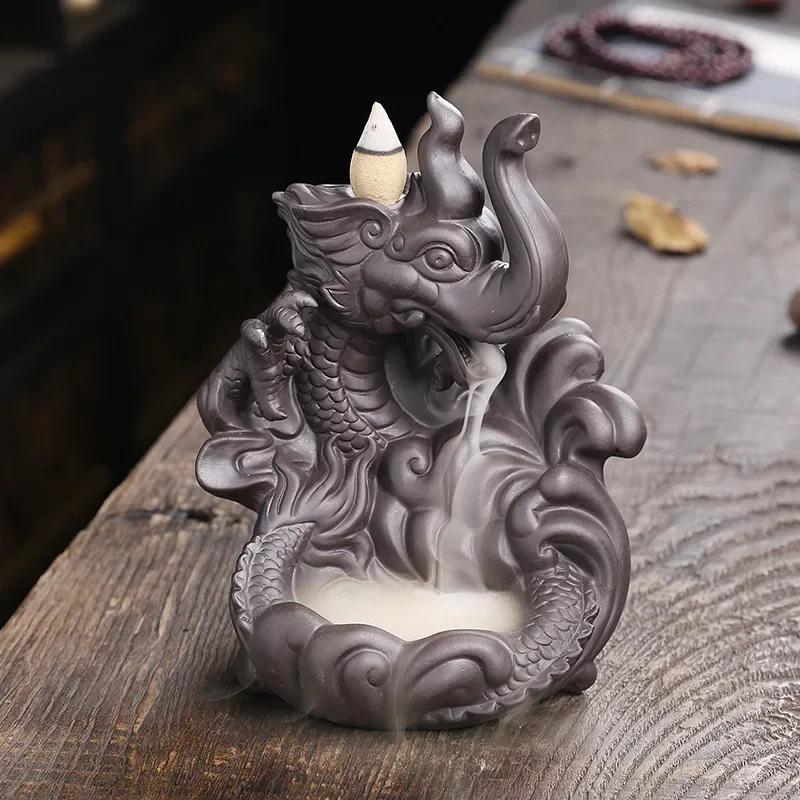 1pc,Purple Clay Handicrafts Lucky Feng Shui Elephant & Dragon Home Decor Incense Burner (Without Incense)