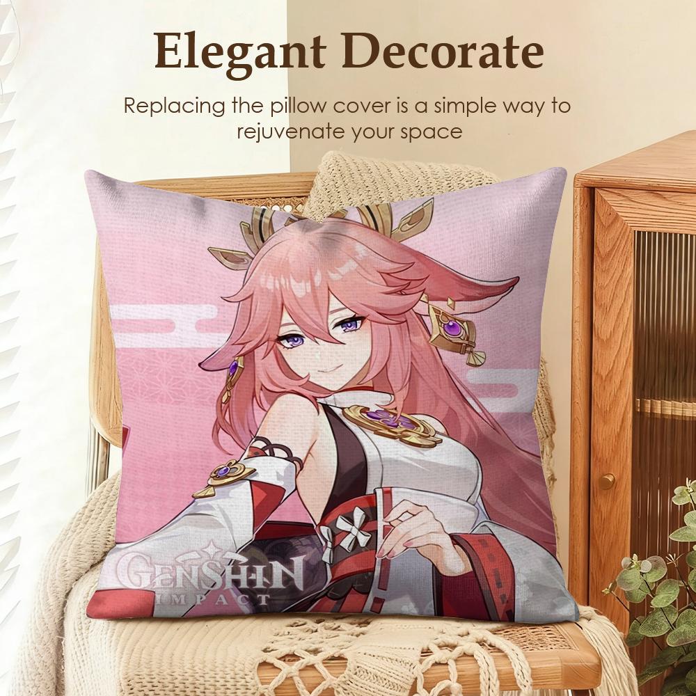 Yae Miko Genshin Impact Cushion Cover Natural Linen Organic Fabric DoubleSided Printing Sofa Home Decor Gift Pillow Case