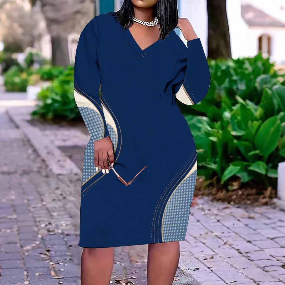 Women Plus Size V Neck Long Sleeve Abstract Printed Fitted Midi Dress