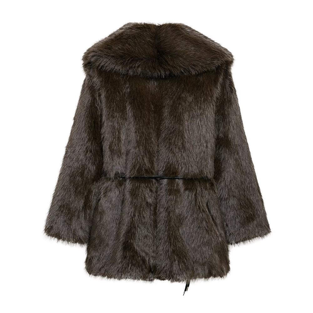 Women's Belt Decoration Collar Solid Color Medium Long Coat Autumn/Winter Long Sleeve Loose Coat