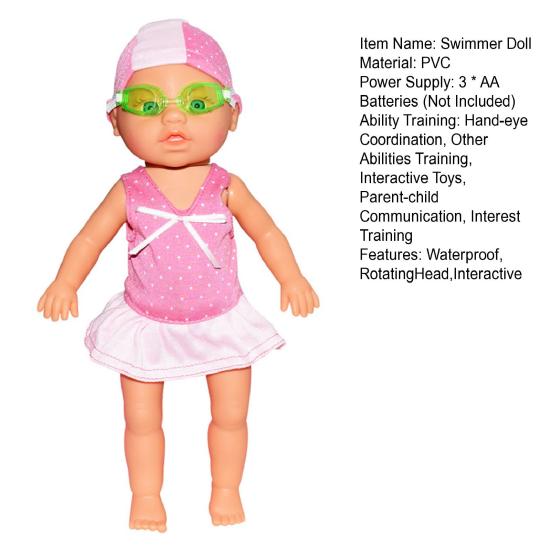Swimmer Doll for Pool Bathtub Waterproof Electric Swimming Baby Doll with Rotating Head Removable Swimsuit Water Fun Partner