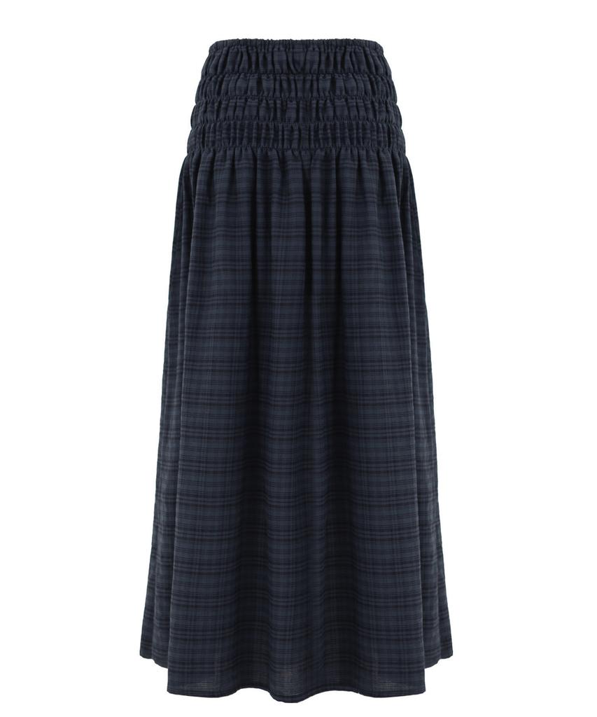 Plasma Sphere Smoke Shirred Check Ribbon Low-Rise Maxi Skirt_Navy