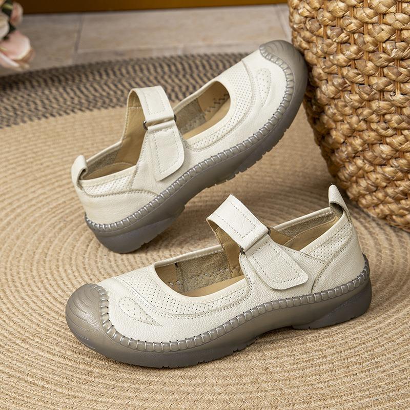 Autumn First Layer Cowhide Medium and Old Shallow Mouth Single Shoes Women's Handmade Retro Style Flat Bottom Beef Tendon Soft Sole Mother Shoes