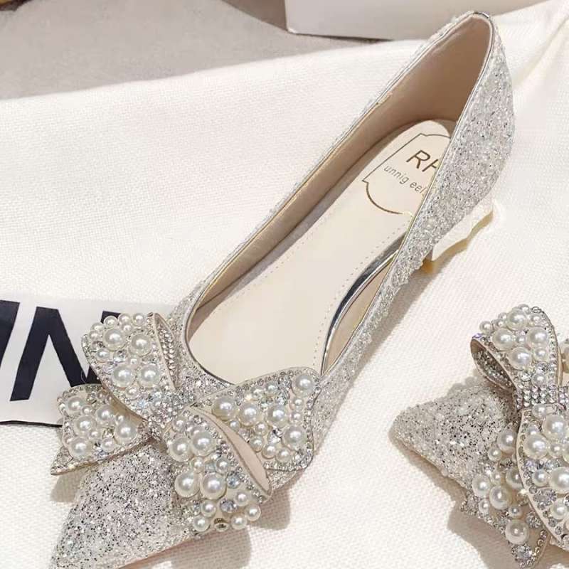 Silver-white Bridal Shoes Main Wedding Dress Xiuhe Crystal Shoes Bridal Wedding Shoes High Heels Women's French High Heels Bow