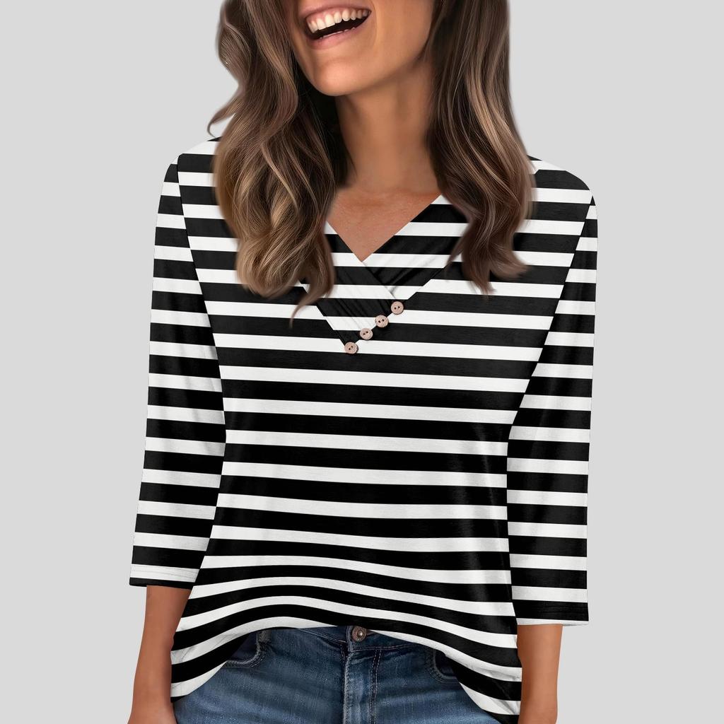 Damen T-Shirt Tee Knopf 3/4 Ärmel Tunika Täglich Wochenende Mode Basic V-Ausschnitt Reguläres Oberteil
