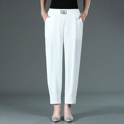 Women Summer Harem Pants Elastic High Waist Solid Color Thin Long Trousers Side Pockets Casual Pants Streetwear