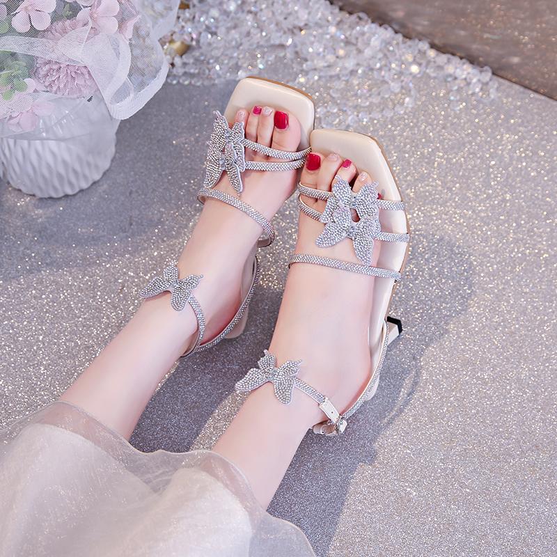 Xia New Stiletto Butterfly Rhinestone Strap Sandals Female Fairy Wind Open Toe Non-slip Wear-resistant High Heels
