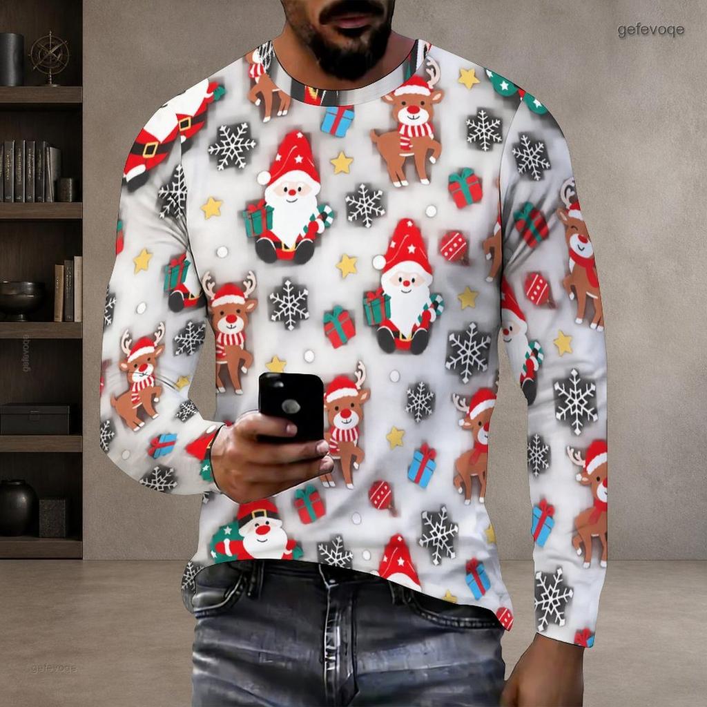 Men Plus Size Black Round Neck Long Sleeve Christmas Neon Printed Pullover T Shirt